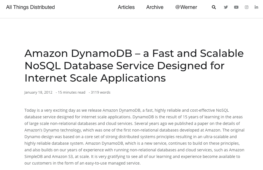 Amazon DynamoDB – a Fast and Scalable NoSQL Database Service Designed for Internet Scale Applications