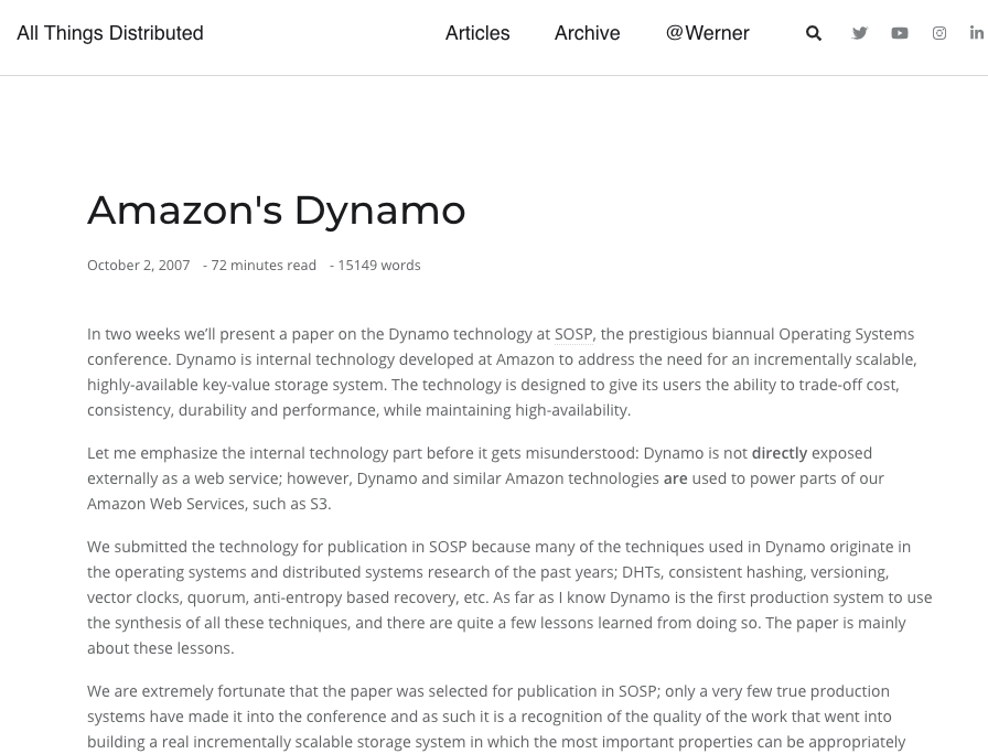 Amazon's Internal Dynamo Paper 2007